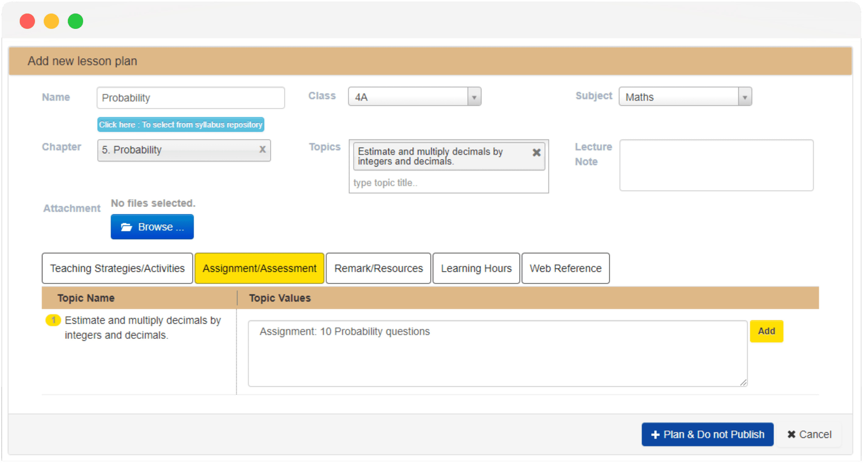 making lesson plans on EduCloud school ERP